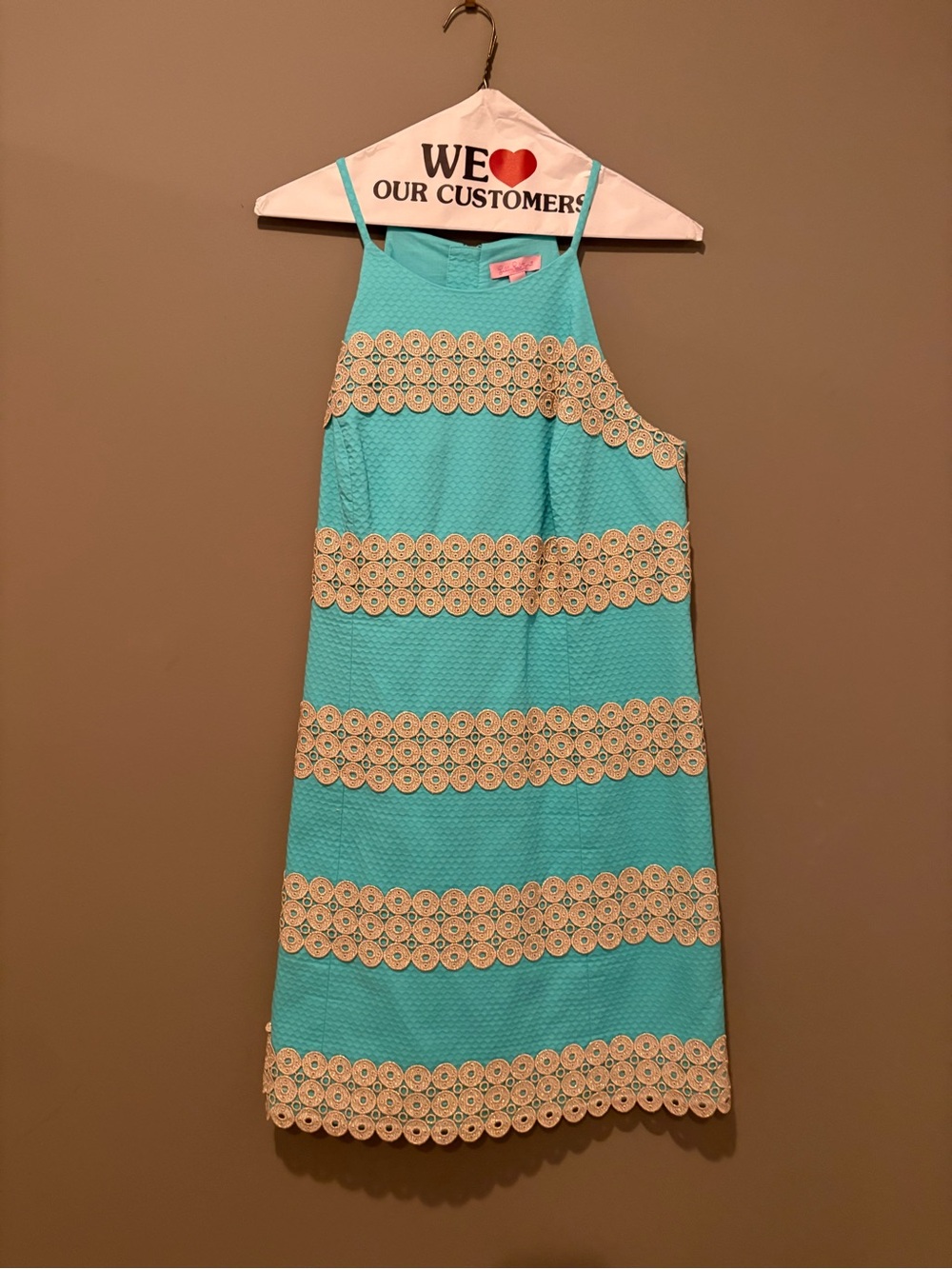 Lilly Pulitzer Turquoise Shift Dress with Gold Crochet Stripes